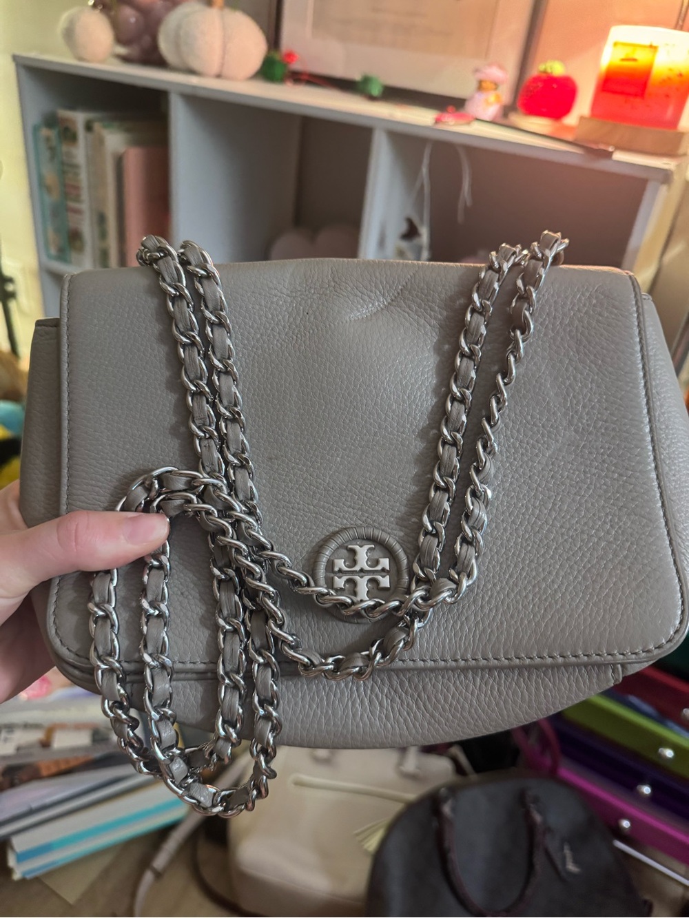Tory Burch Taupe Leather Chain-Shoulder Crossbody Bag